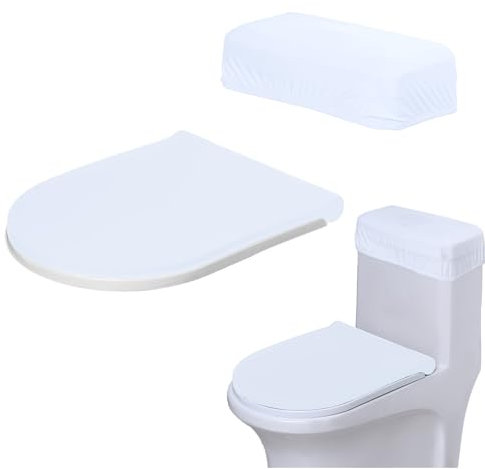 Toilet Lid Cover and Toilet Tank Cover,Toilet Seat Cover with Elastic Bottom Replacement Toilet Cover Soft Stretch Toilet Covers Set Universal Toilet Lid Covers for Bathroom Decor (White)