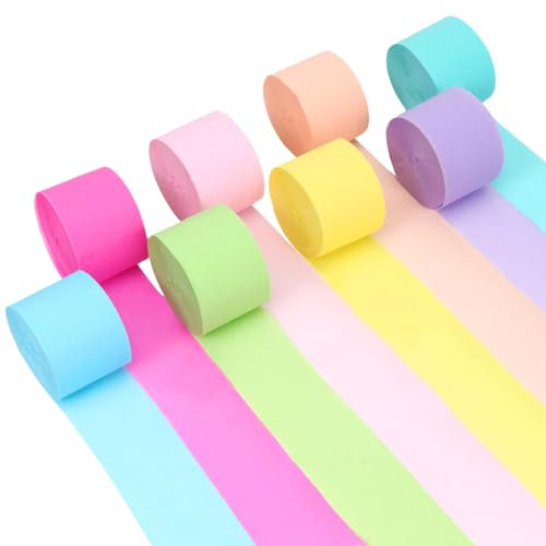 Krepppapier Bunt 8 Rolls Set, Regenbogen Krepppapier Band-4.5cm x 25m-Pastellfarben,Kreppband Bunt,Luftschlangen Krepppapier für Party Deko DIY,Hochzeitsdeko,Geburtstagsparty (8 Pastellfarben)
