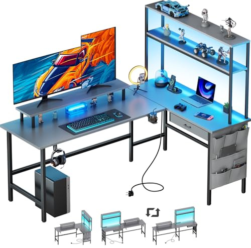 HLFURNIEU Bureau d'angle avec Rangement, 150 x 100 cm Bureau Gaming en L avec LED, Table Ordinateur avec Prise Intégrée & Port USB, Table Gamer avec Tiroir, Sac de Rangement et Support d'Ecran, Gris