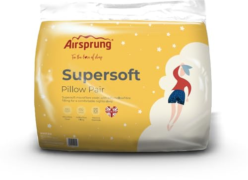 Airsprung Supersoft Pair Pillows Hollowfibre Soft Touch Hotel Quality Machine Washable Made In UK 48cm x 74cm (19 x 29)