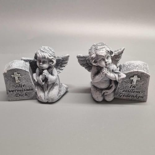 eberin365 GRABWELT – Kleiner Gedenkstein mit Engel 60mm, Grabschmuck aus Polyresin, Engel-Figur wetterfest & langlebig (Mädchen)