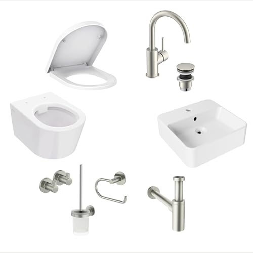 Lenz Gästebad-Set PERFECT FIT in Edelstahl – 8-teiliges Komplett-Set | Spülrandloses Wand-WC inkl. WC-Sitz mit Absenkautomatik, Handwaschbecken 40 cm, Armatur, Siphon & Badaccessoire-Set, 41050011