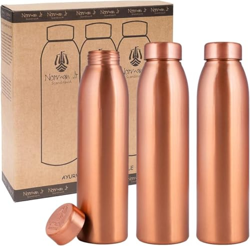 NORMAN JR Bouteille d'eau en cuivre 1 L – Coffret cadeau de 3 pièces, design simple, un récipient ayurvédique en cuivre pur – vous aide à boire plus d'eau et offre de nombreux bienfaits pour la santé