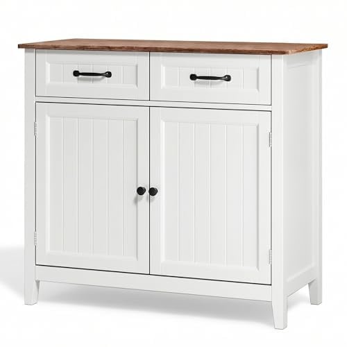 Blishom Mobiletto da Cucina, Credenza Ausiliaria con 2 Cassetti e 2 Ante per Cucina, Sala da Pranzo, Soggiorno, 90×40×82 cm,Retro