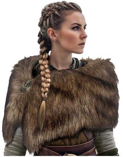 Wikinger Kostüm Damen Viking Kunstfell Kragen Karneval Mittelalter Pelzkragen Fell Schal Frauen Fellkragen Schulterfell Warme Fellschal Schulterüberwurf Capelet Wrap