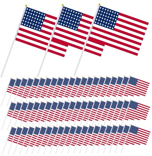 Drapeau américain, 100 mini drapeaux à main, petits drapeaux américains 6 x 8 sur bâton, pour bar, événements sportifs scolaires, décorations du 4 juillet