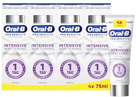 Oral-B 3DWhite Zahnpasta, Clinical Intensive Whitening, 4x 75ml | Weißere Zähne In 1 Tag, Zahnschmelzschonend für Empfindliche Zähne Und Tägliche Anwendung, Süße Minze