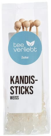 teeverliebt - Kandiszucker-Sticks weiß I 5 Kandis-Stäbchen im Folien-Beutel I leckerer Kaffee- & Tee-Zucker am Stiel I Kandiszucker weiß am Stab I Rock Candy Sticks 5 St.