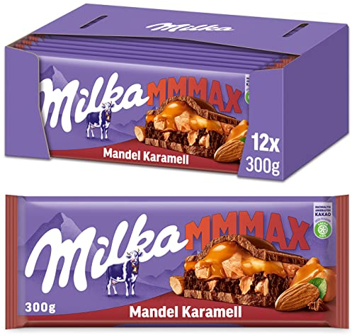 Milka Mandel Karamell 12 x 300g Großtafel, Zartschmelzende Milka Vollmilchschokolade mit Mandel-Kakaocrème-Füllung und Karamell