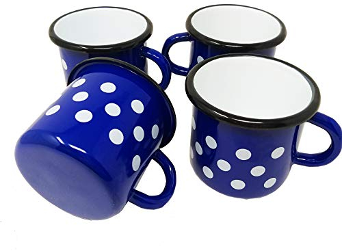 Idilia - Juego de 4 tazas de metal esmaltado, 400 ml, color azul con lunares blancos