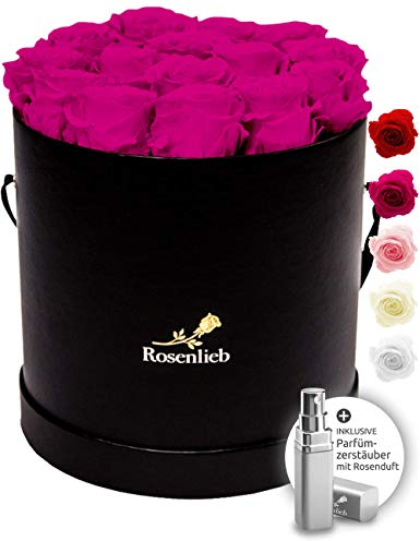Rosenlieb Rosenbox mit 18 Infinity Rosen (3 Jahre haltbar) | Echte konservierte Rose | Ewige Flowerbox Inkl. Grußkarte | Geschenk Box für Frau, Freundin, Weihnachten (Medi Bellissima Schwarz, Pink)