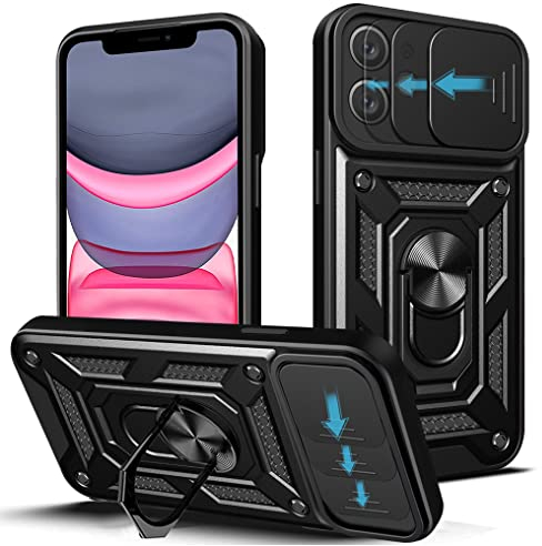 NC LOCLOUD - Cover per iPhone 11, protezione della fotocamera, con lente scorrevole, cover e supporto ad anello, custodia in silicone duro e TPU, antiurto, antigraffio, colore: nero