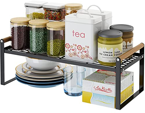HGYZE Küchenregal Arbeitsplatte Organizer, Gewürzregale Stehend, Metall & Holz Stapelbarer Regal, Regaleinsatz für Küchenschrank Geeignet für Zuhause & Küche - 35 * 21 * 20 Tischregal (Schwarz)