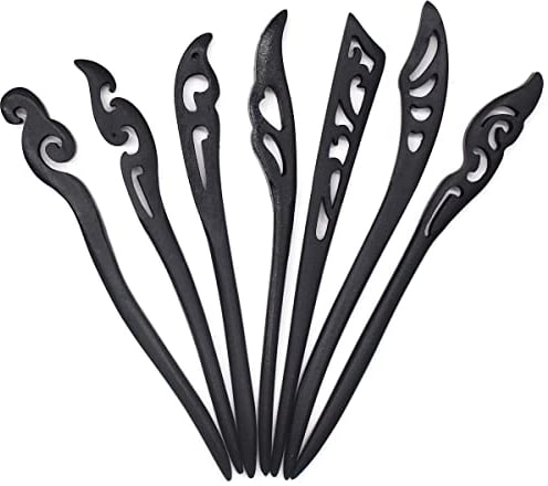 saijer Wood Hair Sticks,7 PCS Natural Chopsticks Vintage Wooden Pin Fork Accessory Carved Hairpin Buns Pins Accessories for Women Long Chignon, Black