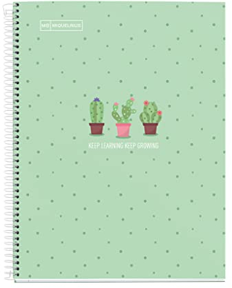 Miquelrius - A4 Notizbuch, 1 Farbstreifen, 80 Blatt 7 mm horizontal liniert, 90 g Papier, 4 Löcher, Hartlaminierter Einband, Farbe Mint Cactus