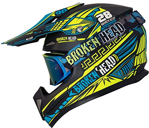 Broken Head Division MX Set - Motocross-Helm mit Motorrad-Brille - Motorradhelm für Supermoto, Quad - Crosshelm, Neon-Gelb-Türkis (L (59-60 cm))