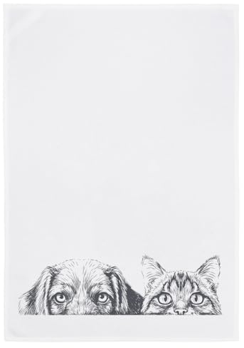 17;30 HOME Geschirrtuch 100% Baumwolle, Vintage Hund & Katze Motiv, umweltfreundlich, weiß dunkelgrau, 50x70 cm