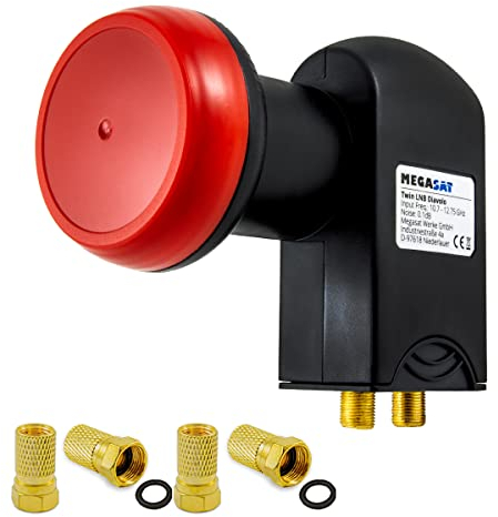 Twin LNB für 2 Teilnehmer - 0,1dB mit LTE Filter +60dB Verstärkung + 4X vergoldete F-Stecker Gratis dazu, 2 Fach SAT Anschlüsse LMB LNC HD 4K UHD Schwarz Rot