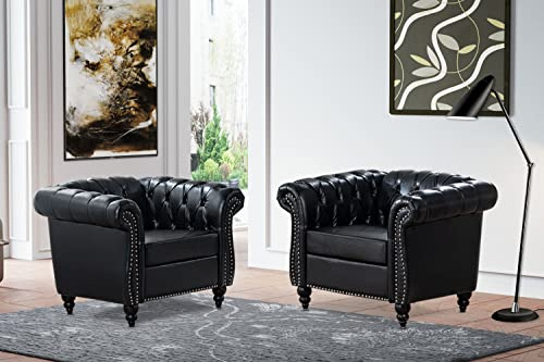 Vaztrlus Black Chesterfield Chairs, Set of 2 – Leather Accent Armchairs for Living Room, Deep-Seated Comfortable Classic Club Wingback Chairs for Bedroom and Office
