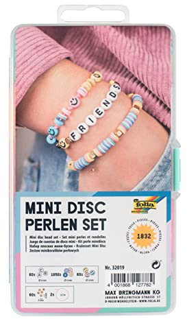 folia 32019 - Mini Disc Perlen Set mit Aufbewahrungsbox, 1.832 Teile, 60x Buchstabenperlen, 1.650x Mini-Disc-Perlen, 60x Smiley-Perlen, 60x Perlen in Gold, 2x Gummiband je 2 m in Weiß & Rosé