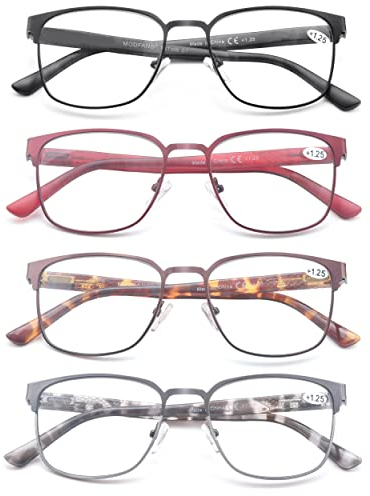 MODFANS 4er-Pack Lesebrille Herren Damen Blaulichtfilter Metallrahmen Rechteck Stil Edelstahl Material