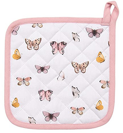 Clayre & Eef Topflappen 20x20 cm Beige Rosa Baumwolle Schmetterlinge Abguss Topflappen