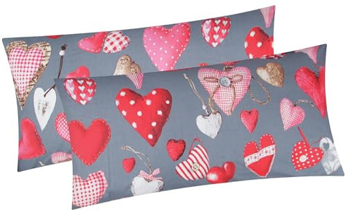 Baumwoll Renforcé Kissenbezug - 2er Set in 40x80cm - Herzen, Landhaus, Love, Liebe - Kopfkissen-Bezug, Kissenhülle, Dekokissenbezug aus 100% Baumwolle (BS-Valentin-40x80)