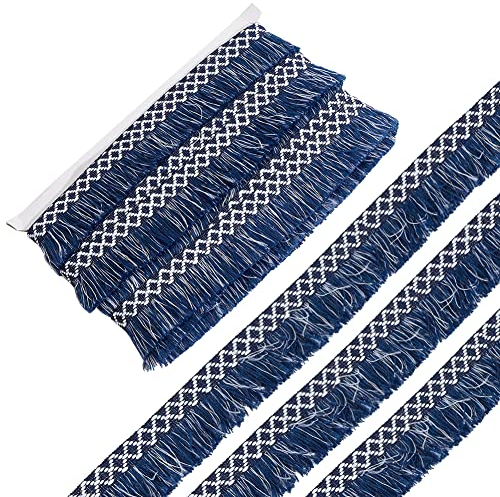 GORGECRAFT 10mx3.5cm Breite Quasten-Fransenborte Weiß Marineblau Rautenmuster Stoff Spitzenbesatz Quaste Fadenkante Band Für Heimwerker Nähen Basteln Heimtextilien Vorhang Kissen Dekoration