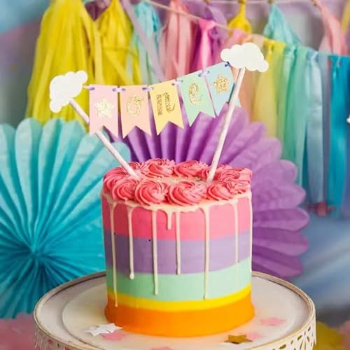 One 1st Birthday Cake Topper Banner, Handmade Cloud Bunting Flags Banner Party Decoration for Newborn Wedding Birthday Anniversary Baby Boys Girls Baby Shower, DIY Assembled