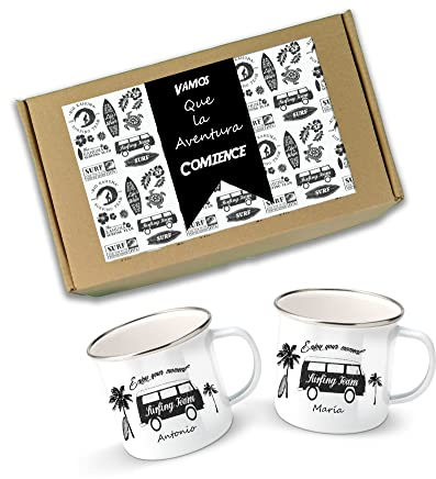 Taza de camping camper van personalizada, 2 tazas de metal para viaje de vacaciones en pareja (packvan1)
