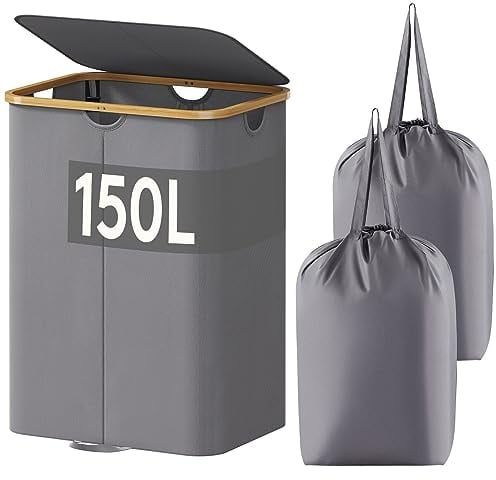 Lifewit 150L Grande Cesto Portabiancheria con Coperchio e Sacchi Rimovibili, Portabiancheria Sporca con Manici in bambù, Cesta Biancheria Pieghevole a 2 Scomparti per Camera, Bagno, Lavanderia, Grigio