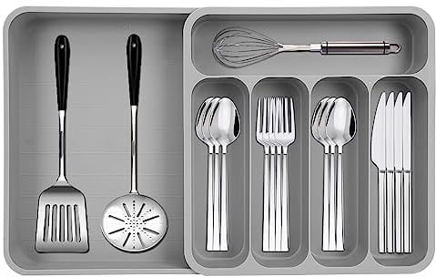 VADUDA Cutlery Drawer Organiser Expandable Kitchen Drawer Organiser Large Cutlery Trays for Kitchen Drawers 6 Compartment Adjustable Silverware and Flatware Holder for Spoon Fork Knife,Grey