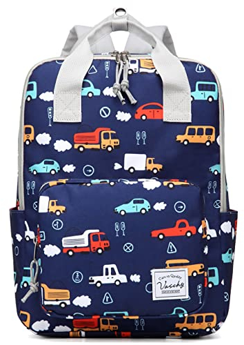 VASCHY Kinderrucksack, Niedlich Vorschule Schulranzen Jungen Mädchen Leichter Rucksack Kindergarten Kleinkind Tagesrucksack Brustgurt Fahrzeuge