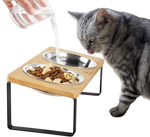 GUUSII HOME Futterstation Katzennapf Erhöht Katzen Fressnapf Katze Erhöht Ergonomischer Katzennäpfe Erhöht Katzennapf Edelstahl Napf Katzen Napfset Katzen Futternapf Anti Erbrechen(Holzfarbe)