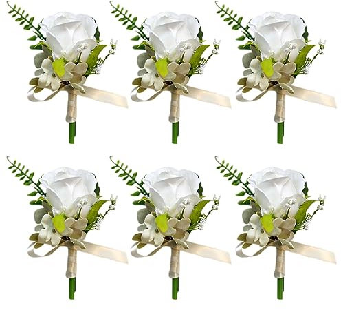YOKOKE Set mit 6 Rosen-Boutonniere für Männer, Hochzeit, Bräutigam und Trauzeugen, Boutonniere mit künstlichen Blumen für Hochzeit, Abschlussball, Party (weiß)