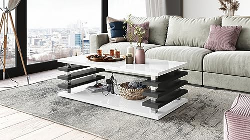 DC-3 Couchtisch Weiß Hochglanz/Anthrazit matt 120x60cm mit Ablage modern stabil vielseitig Wohnzimmertisch Beistelltisch Sofatisch Zeitloses Design platzsparend robust Wohnzimmer ohne Rollen