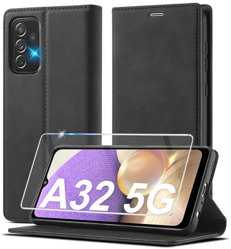 Samsung Galaxy A32 5G Leder Schutzhülle Mit Schutzfolie - 360 Stoßfeste Klappbare Flip Wallet Case Mit Holster