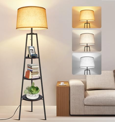 OUTON Lámpara de Pie con Mesita, Lamparas de Pie Salon Modernas LED con Regulable y 3 Temperaturas de Color, Función de Memoria, Madera