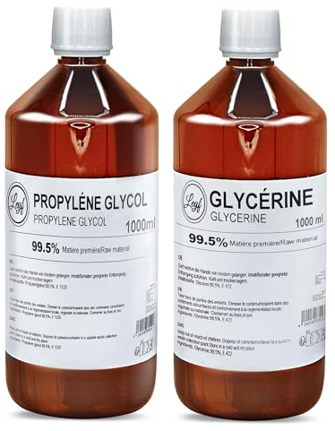 Leyf 1000 ml Glycerin E422 + 1000 ml Propylenglykol E1520, Perfekt für DIY, Pharmaqualität Reinheit, Lebensmittelqualität, Raw Material VG + PG, Rein, Vegan, Ph. Eur/USP