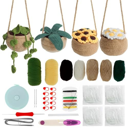 Crochet Kit for Beginners Complete Crochet Knitting Kit Hanging Potted Plants Crochet Starter Pack with 7 Yarns Filler DIY Crochet Craft Kit with Step-by-Step Tutorials for Adults