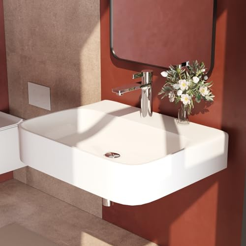EMKE Waschbecken Rechteckig Keramik Hängewaschbecken mit dünnem Rand Design Handwaschbecken Waschtisch Für Badezimmer Gäste-WC (610x475x140mm, Weiß)