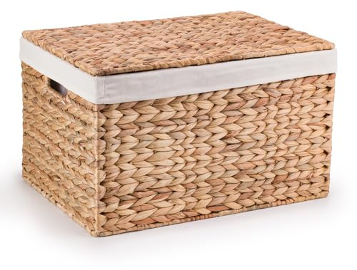 Woodluv Medium Rectangular Handwoven Water Hyacinth Storage Trunk With Lining & Inset Handles, 46 x 34 x 28 cm (L/W/H)