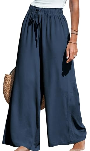 CUPSHE Women Trousers Drawstring Wide Leg High Waist Casual Beach Lightweight Summer Trousers Blue XL