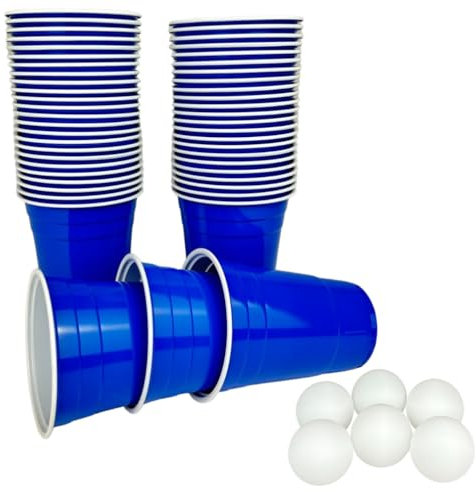 Plastikbecher Set in Blau mit 6 Bällen - 50 Trinkbecher (473 ml) in blauer Farbe + 6 Ping Pong Bälle