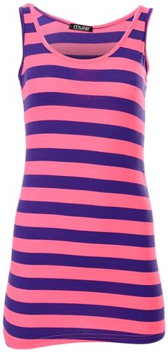 Easy Young Fashion - Top basic da donna – top senza maniche extra lungo – Skinny Fit 9002 – Taglia unica, A righe viola e rosa, Taglia unica