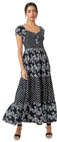 Roman Originals Bardot Dress for Women UK Ladies Shirred Chest Off Shoulder Cold Shoulder Maxi Midi Summer Beach Holiday Sleeveless Garden Cocktail Party Elasticated - Black & Grey - Size 12