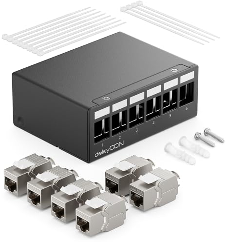 deleyCON 6 Ports CAT7 Set de Panneaux de Brassage avec 6x CAT.7 RJ45 Module Jack Keystone STP 10 Gbit/s - Compatible avec le Câble de Pose CAT6 CAT6a CAT7 CAT8 Ethernet LAN DSL Câble Réseau - Noir