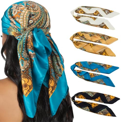 HBselect 4er Set große Kopftücher für Damen Sommer, Bandana Damen 90×90 cm | große quadratische Schals, Seidentuch Damen, vielseitiger Haarschmuck, Haartuch, Halstuch, Accessoires für Festival-Outfits