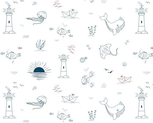 Keine Meterware, Stoffe zum Nähen, Stoff für Kinder, 100% Baumwolle: 1m Baumwollstoff mit Meerestiere - Fische Boote Leuchtturm - Sommer Kinderstoff - rot blau weiß - Happy Sea