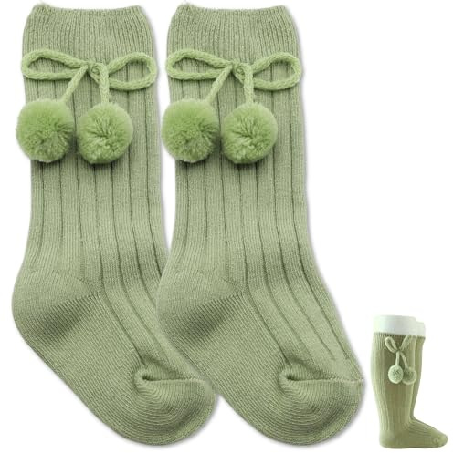 BABYZOCO Calzini Lunghi in Cotone Con Pompon, Calze Lunghe in Cotone per Neonati, Calzini al Ginocchio per bambini, Calze per Bambino